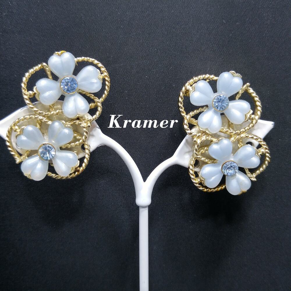 Kramer Blue Rhinestone Flower Clip Earrings, Lucite Gold Plated, 1950s Vintage